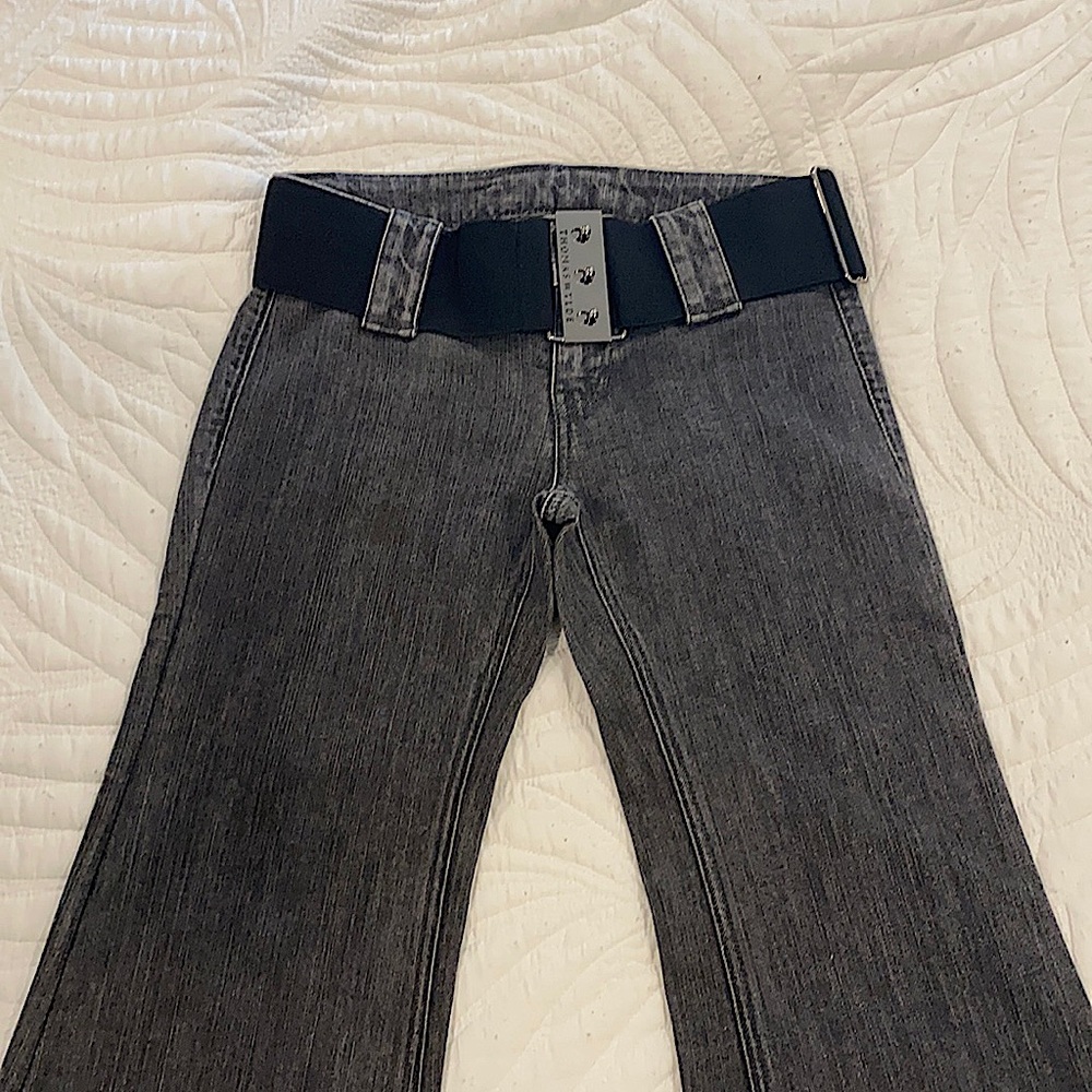 Thomas Wylde, size 26, dark, flare-bottom jean